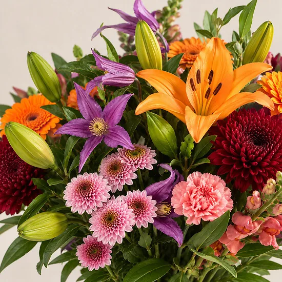 Close-up of orange lilies, purple clematis, pink chrysanthemums and red dahlias