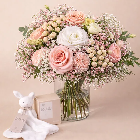 Bienvenue au monde: round bouquet of pink roses, white lisianthus and gypsophila in a vase with a white plush bunny comforter
